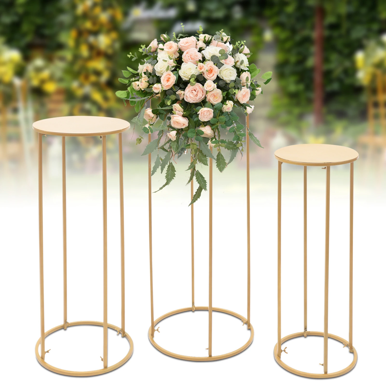 3Pcs Gold Flower Stands Metal Round Floor Vase Column Rack Wedding Centerpiece Prop Decor Display Holder for Wedding Party