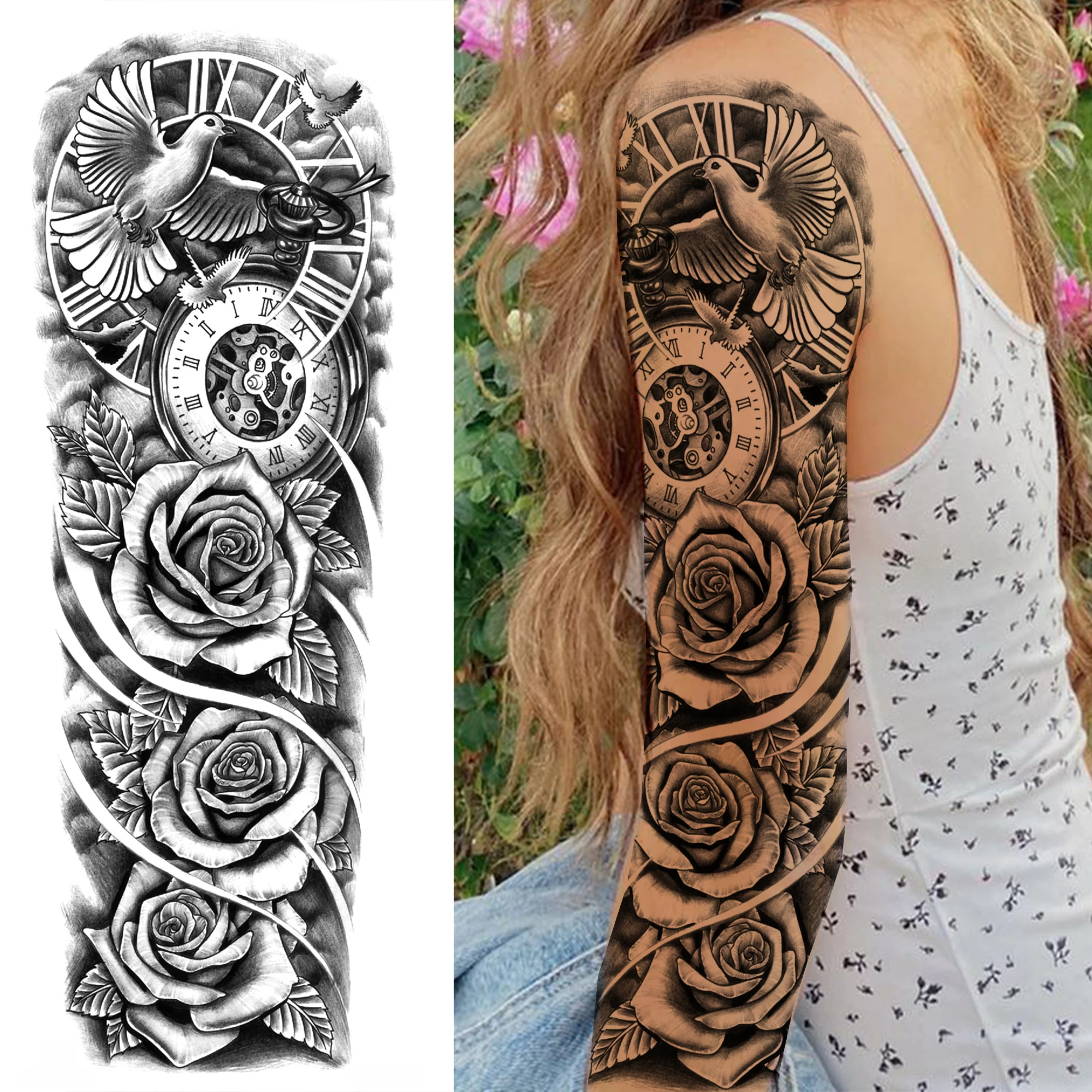 1 ورقة كامل الذراع البوصلة زيوس الجمجمة النمر الأسد زهرة الوشم المؤقت كم للرجال النساء الكبار وهمية درجة الحرارة ملصق الوشم