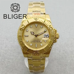 BLIGER Luxury NH35 MIYOTA 8215 PT5000 Automatic Men Watch Full Yellow Gold Bracelet Gold Sunburst Dial Sapphire Glass Waterproof