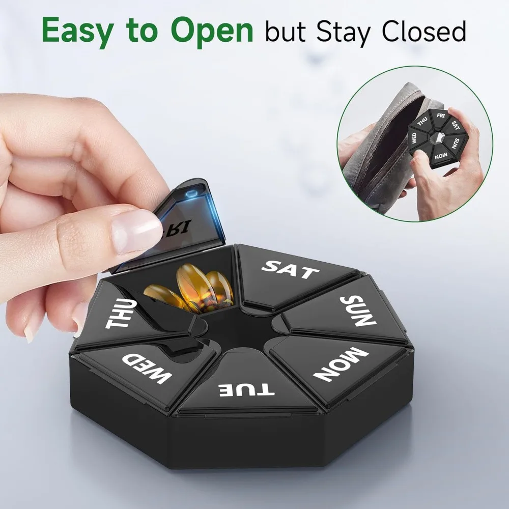 Portable 7 Day Weekly Pill Organizer, Octagonal Travel Pill Box, Daily Medicine Container for Vitamins, Capsules, Supplements, 1 Pack,Black