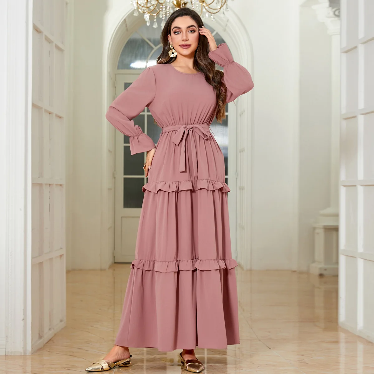 

6906 Women's Elegant Simple Solid Color Dress, Long Dress For All Seasons Robe Abaya Ramadan Dubai Luxury Islam Elegant