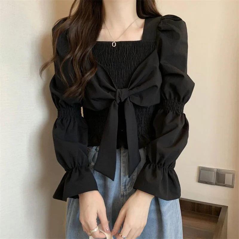 French Style Women Bow Shirts Casual Folds Puff Sleeve Black Base Shirt Female Elegant Slim Square Collar White Blouse Woman