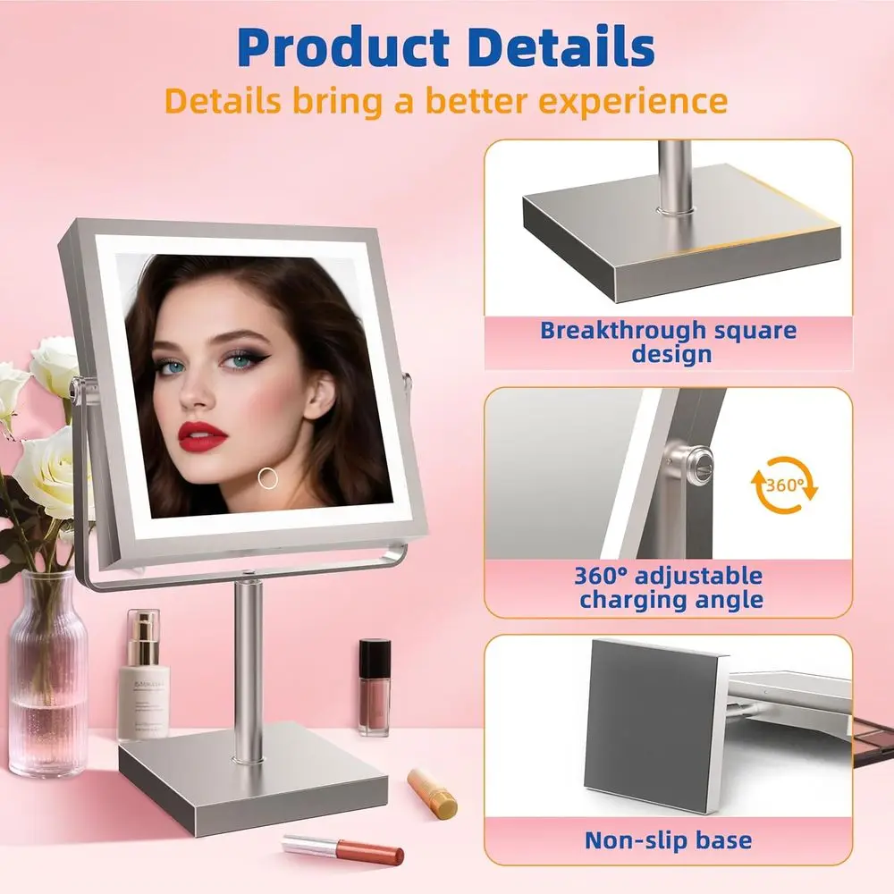 مرآة زينة LED قابلة للتعديل مع بطارية 4000 مللي أمبير في الساعة، تكبير 1X/10X، 3 خيارات إضاءة ألوان، قابلة للإمالة، 360 درجة ° دوران، #5