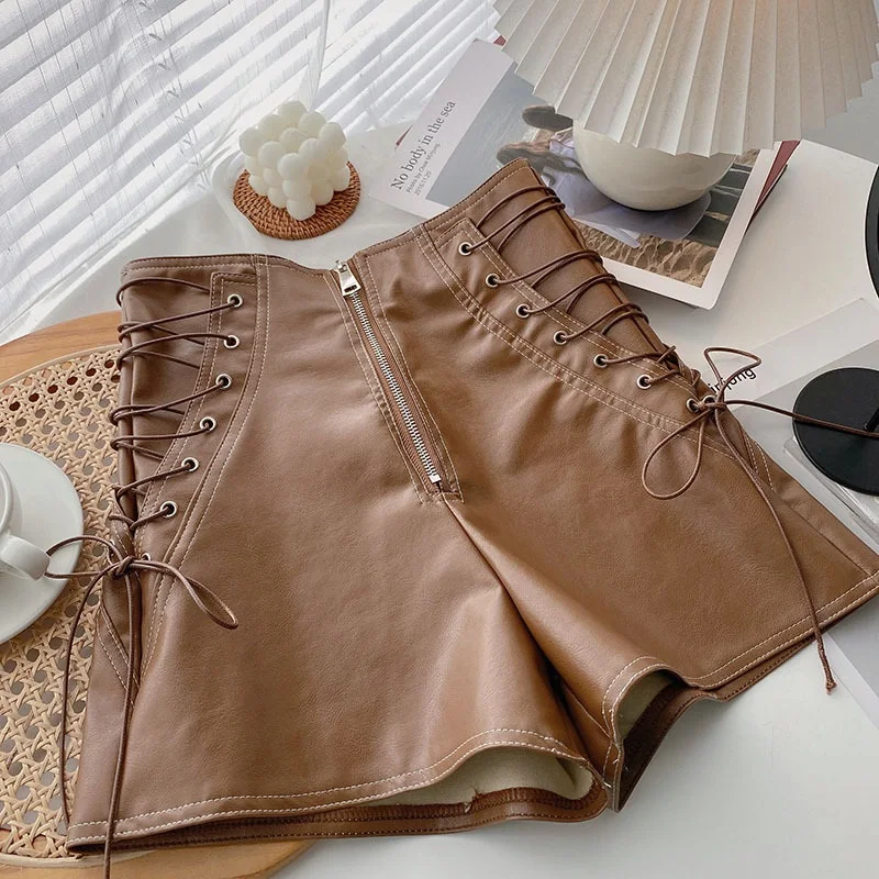 Fashion Girl PU Leather Lace Up Shorts Toddler Teen Child Leather High Waist Shorts Wide Leg Short Pant Baby Clothes 2-16Y