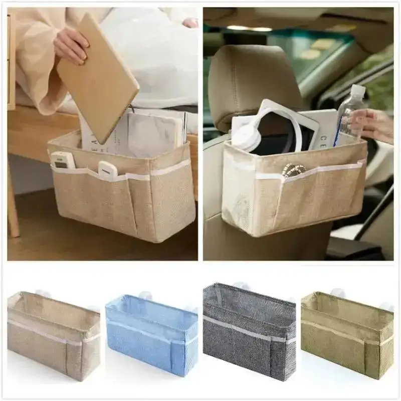 Organisateur de rangement de chevet en lin pour voiture, sac suspendu pour articles divers, poches Multifu pour lits superposés, pochette latérale, organisateur de maquillage
