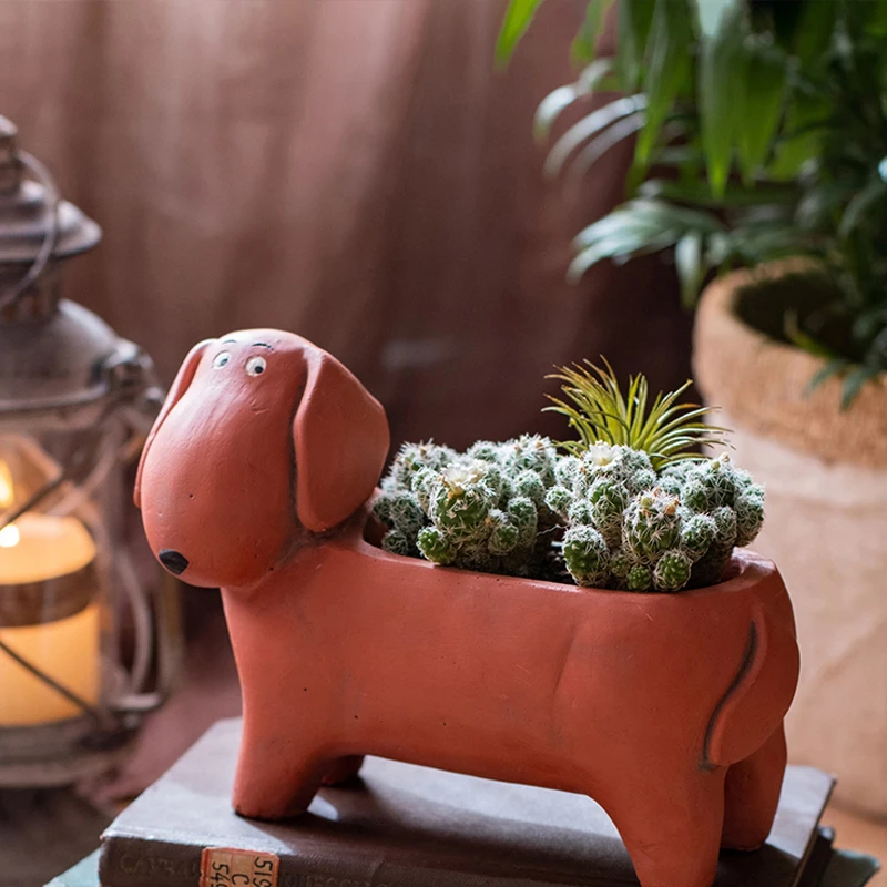 Nordic style cement material animal sausage dog cute shape flower pot furniture, exquisite decorative artwork in the back garden