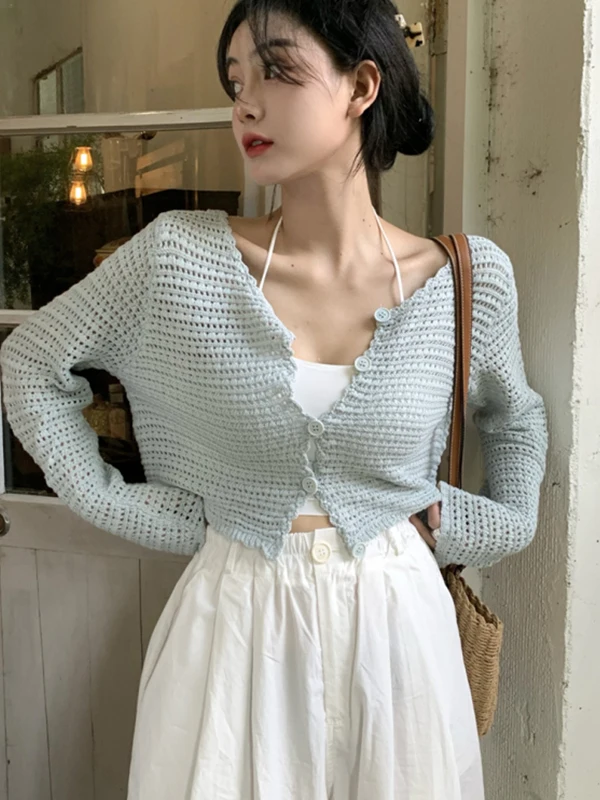 

Синий кружевной вязаный кардиган из ледяного шелка, женский летний тонкий солнцезащитный кардиган с кондиционером, верхняя одежда ort Top