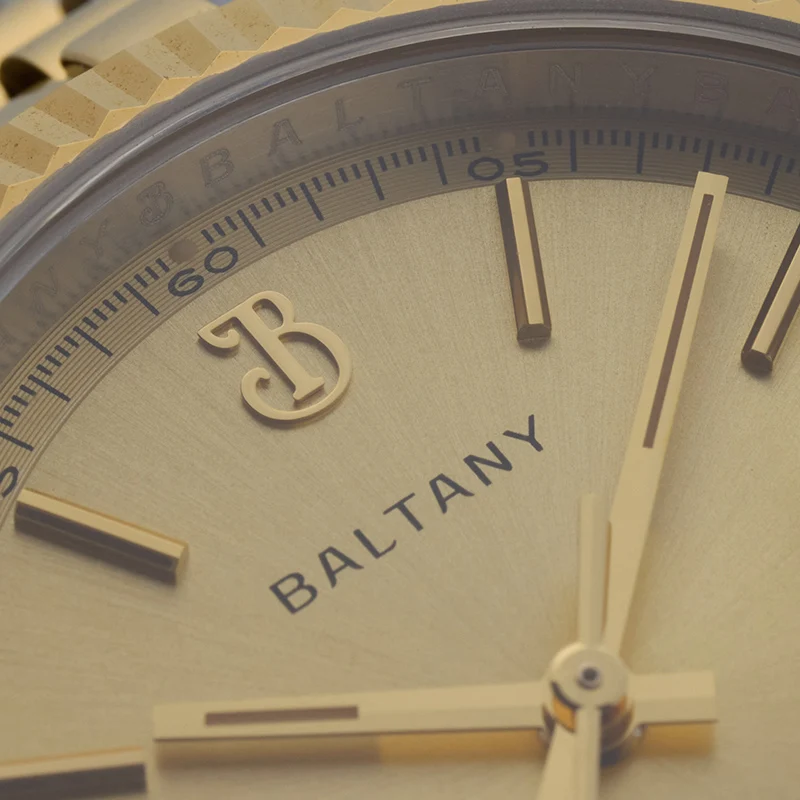Baltany 36mm Gold Retro Wristwatch Fluted Bezel Vintage Luminous Date Bracelet 10ATM Waterproof NH35 Automatic Dress Watch Men