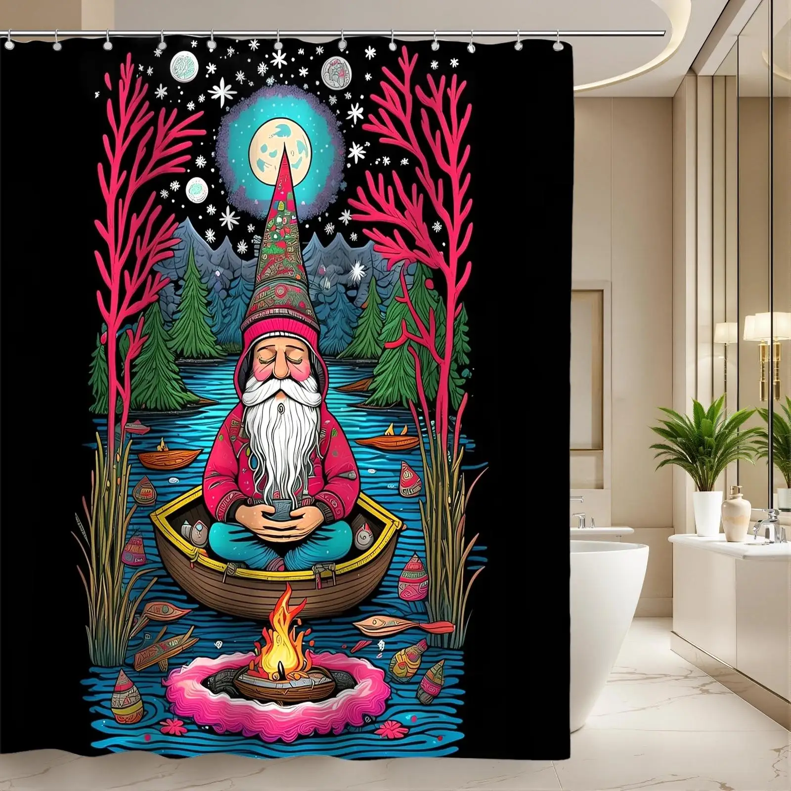 Whimsical Gnome Wizard in Boat Fantasy Forest Bathroom Shower Curtain Bohemian Aesthetic Decor