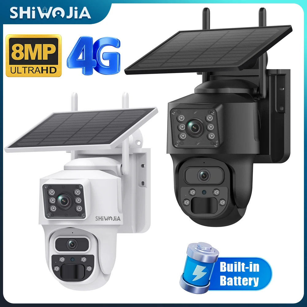 SHIWOJIA 4G Sim Solar Camera 4K 8MP Dual Lens Security Dual Screen Recording Human Auto Tracking Color Night Vision WiFi PTZ Cam