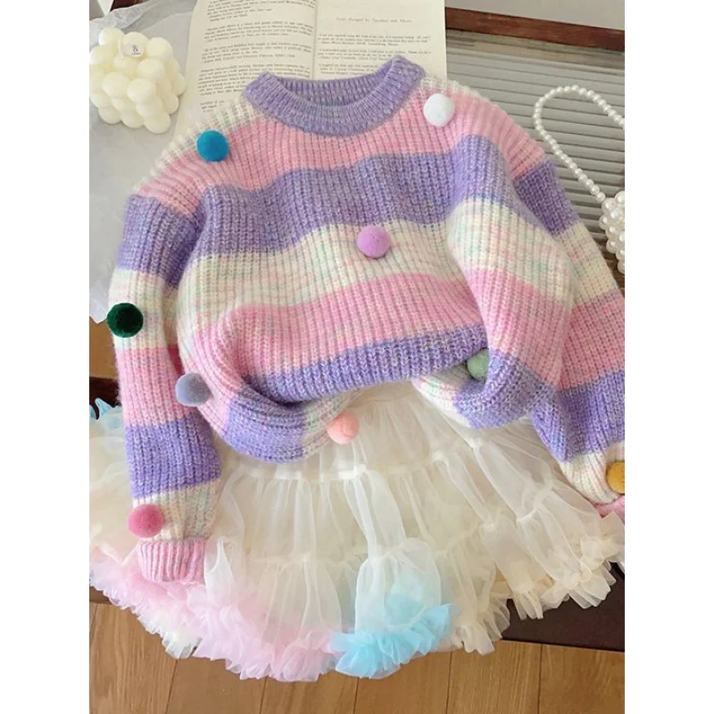 Girls' Three-Dimensional Ball Sweater24New Children Girl Loose Version Rainbow Color Soft Glutinous Sweater Long Sleeve Top