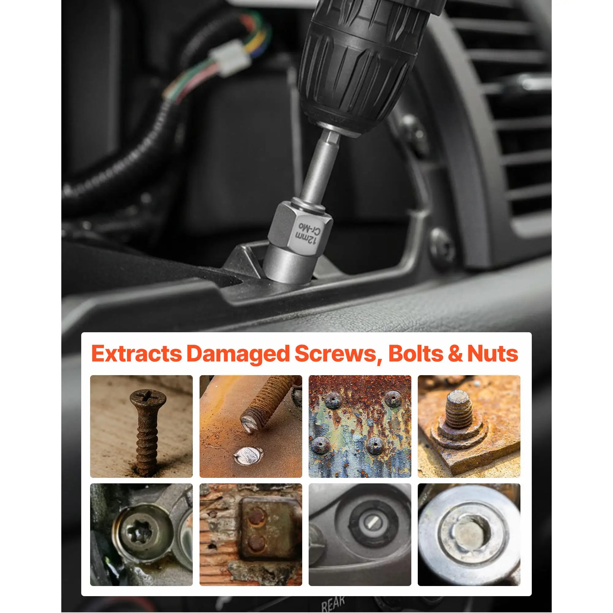 63 Piece Screw Extractor Set Nut Bolt Extractors Nut Splitters Taps Drill Bits Wrenches Adapters Solid Storage Case for removing Rounded Broken Stripped Fasteners