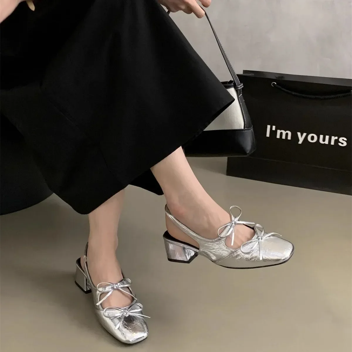 

Medium Heeled Mary Jane Sandals New Designer Women Shoes Fashion Double Bowknot Thick Heeled Ballet Shoes Ladies Soft Shoes