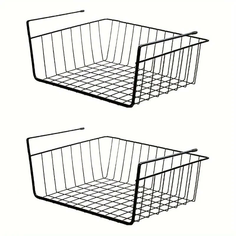 

2pcs Under-Desk Slide-Out Storage Baskets Metal Wire Under Cabinet Hanging Racks Space-Saving Kitchen Wardrobe Organizer Shelf