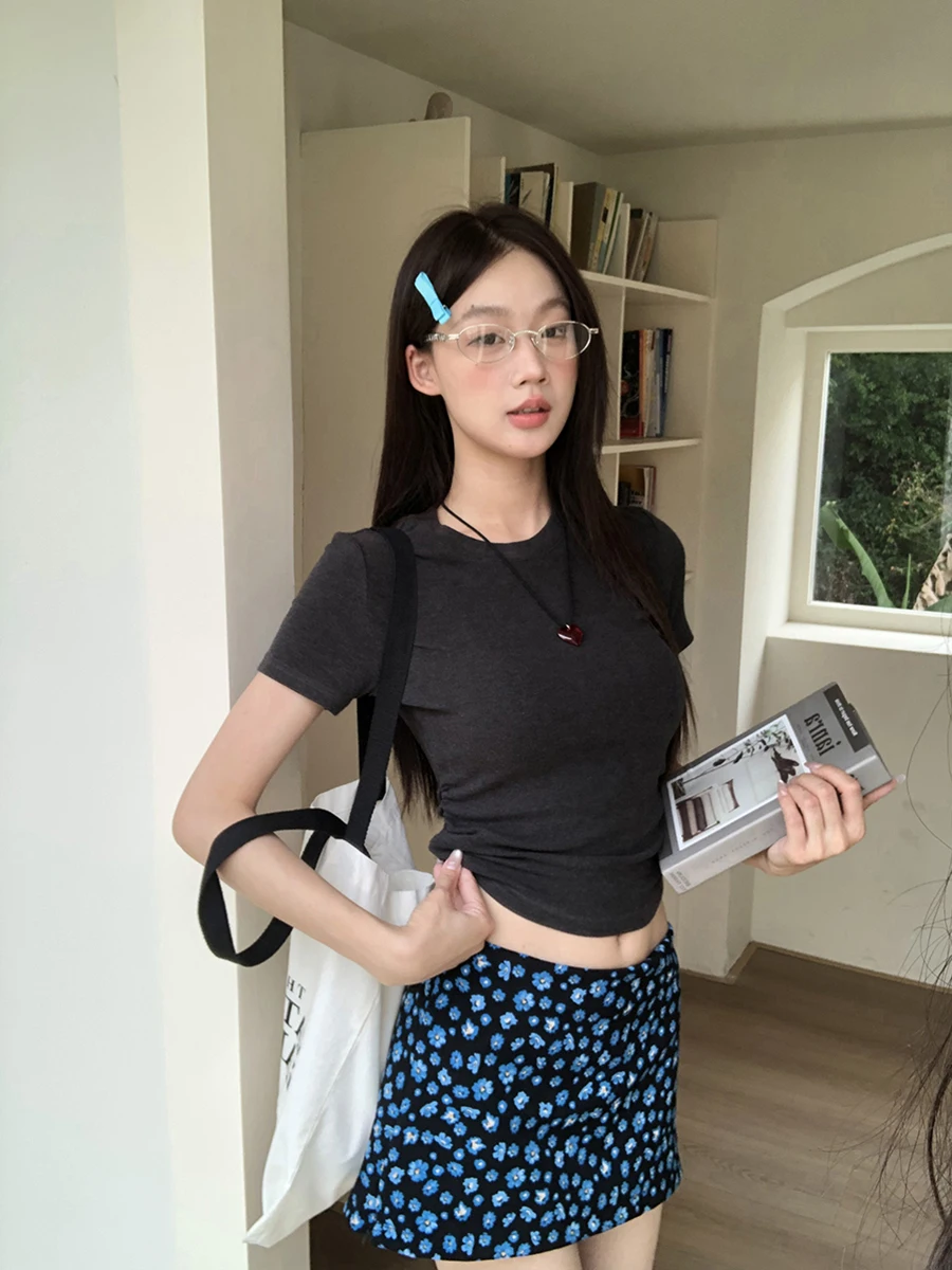 Blue Floral Print A-Line Skirt Women's Summer 2025 New Sle Bodycon ort Skirt Low Waist Polyester Fiber Commute