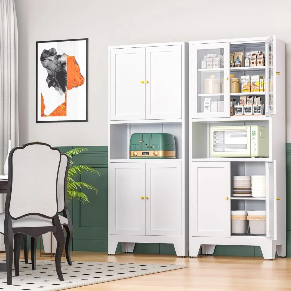 69'' White Metal Storage Cabinet with 4 Glass Doors, 3 Adjustable Shelves & Microwave Stand