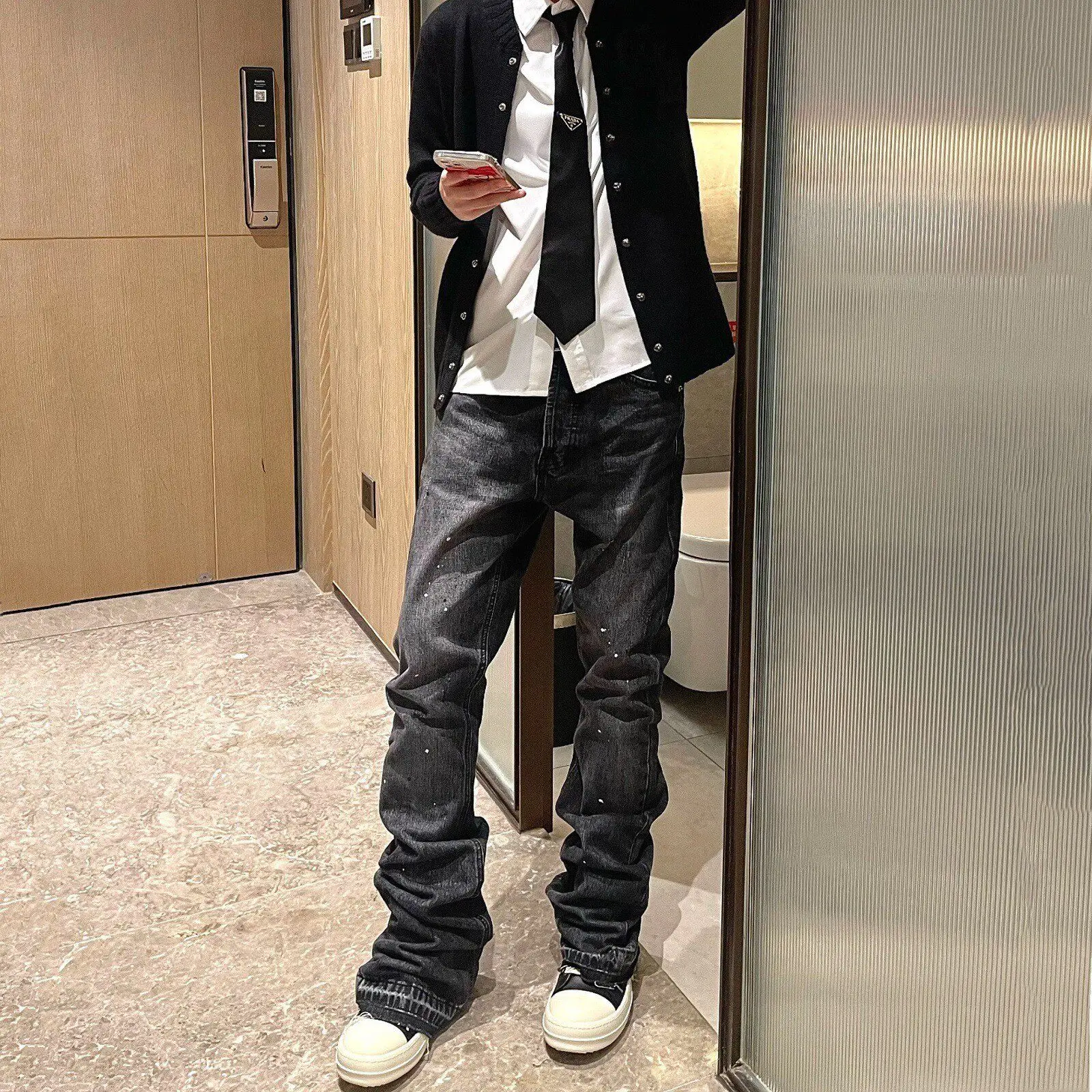 

Cleanfit Style American High Street Heavyweight Washed Black Grey Flared Jeans Men's Ink Splashed Cuffed Long Pants Casual
