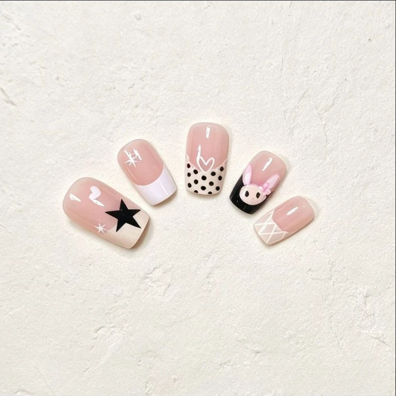 24pcs Press on Nails Cute Little Bunny 3D Bow Polka Dot and Pearl Short Trapezoidal False Nails Perfect for Girls  Everyday Use