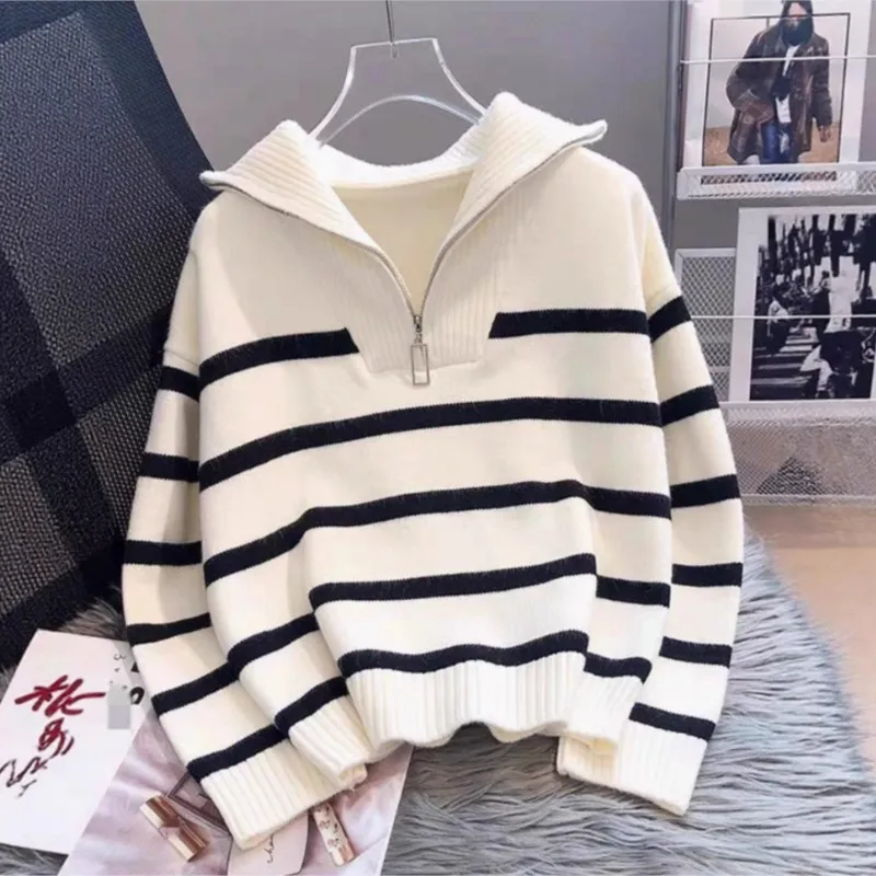 Damen Halbzip-Kragenpullover mit Streifenmuster, Langarm, Locker Geschnitten, Weicher Strickpullover für Herbst und Winter, Alltägliche Oberbekleidung