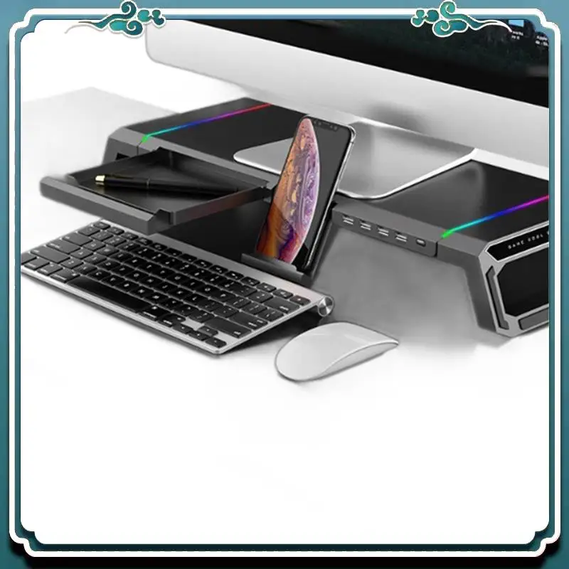Easy To Use USB2.0 Fast Charging PC Monitor Stand With RGB Light & 4USB Ports - Ideal For Laptop Keyboard Storage