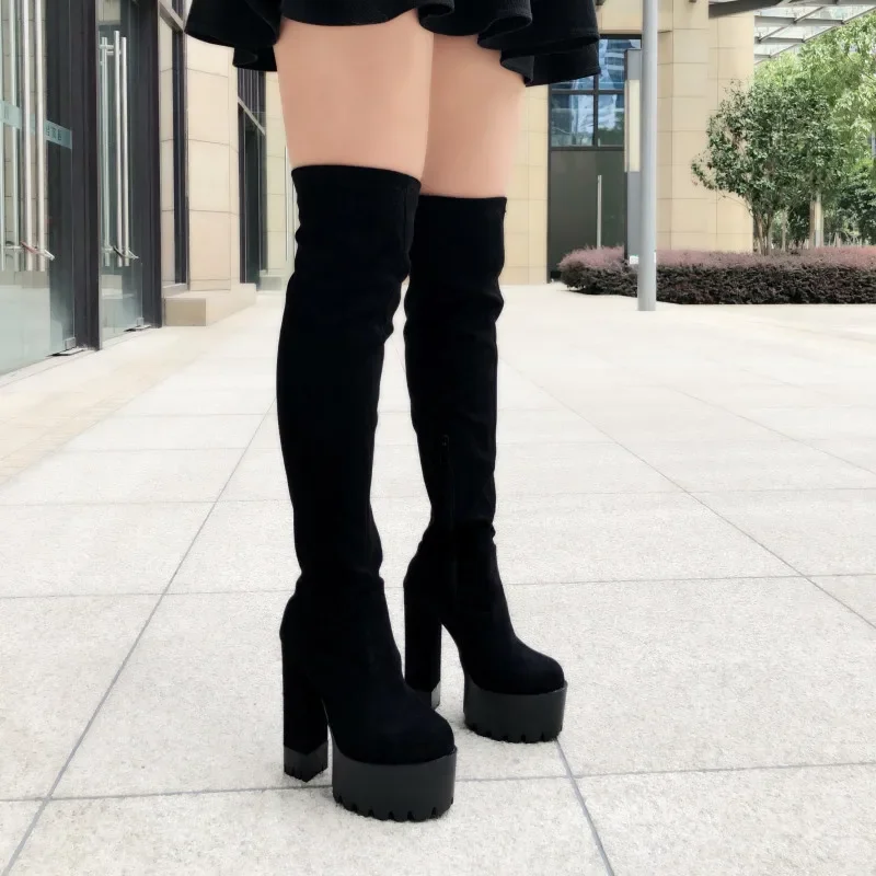 Over-The-Knee Long Boots Suede 14Cm High Heel Womens Boots Waterproof Platform Square Heel High Tube Boots Sexy Stretch Boots