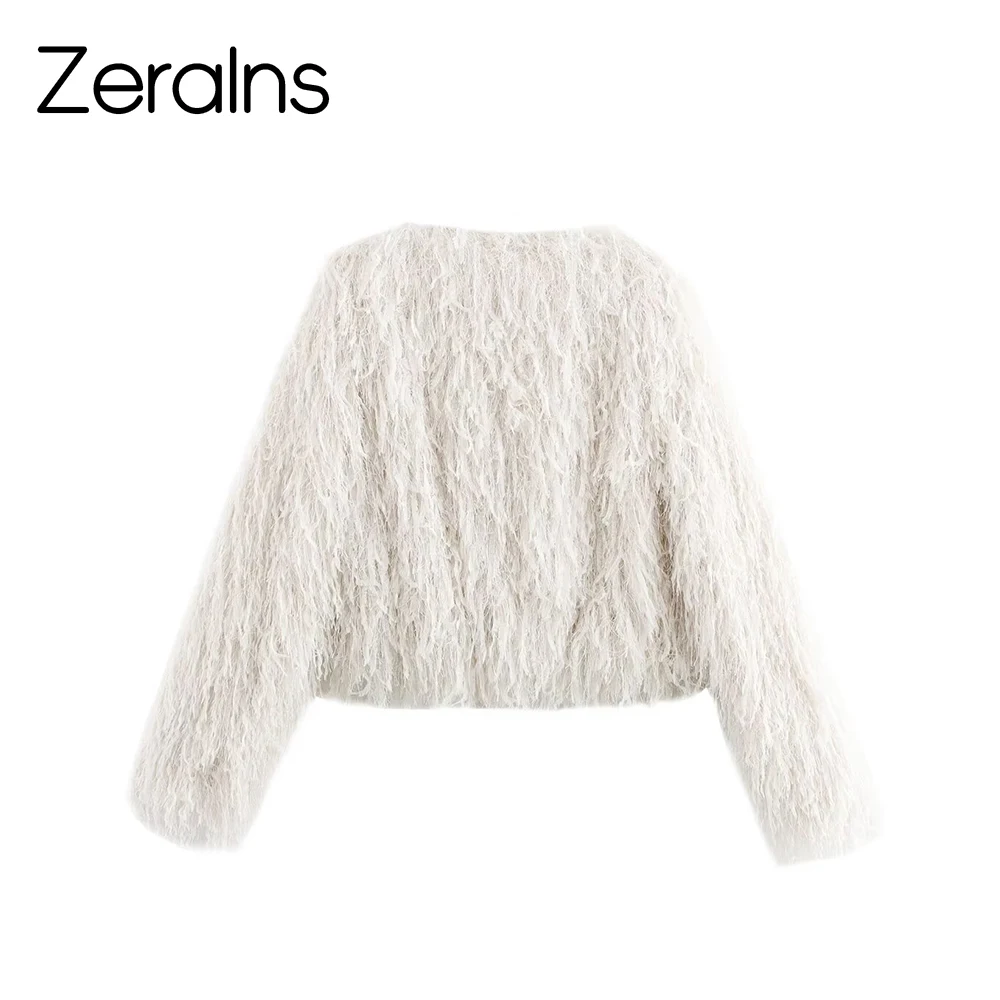 ZERAINS Autumn and Winter New Women's Clothing Artificial Fur Effect Plush Long Sleeve Round Neck Short Coat Fur Coat