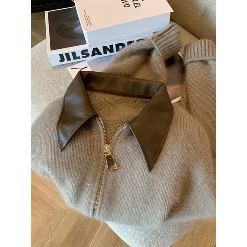 Women Splicing Polo Collar Double Zipper Knitted Jacket Autumn and Winter Top Short Soft Sweat Sense Design Sense Clothing