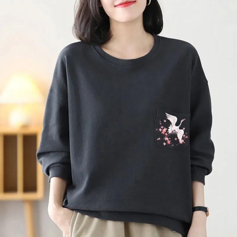 

Women's Clothing Crew Neck Spring Autumn Pullover Lantern Long Sleeve Geometric Cartoon Printing Pockets Casual Elegant Tops