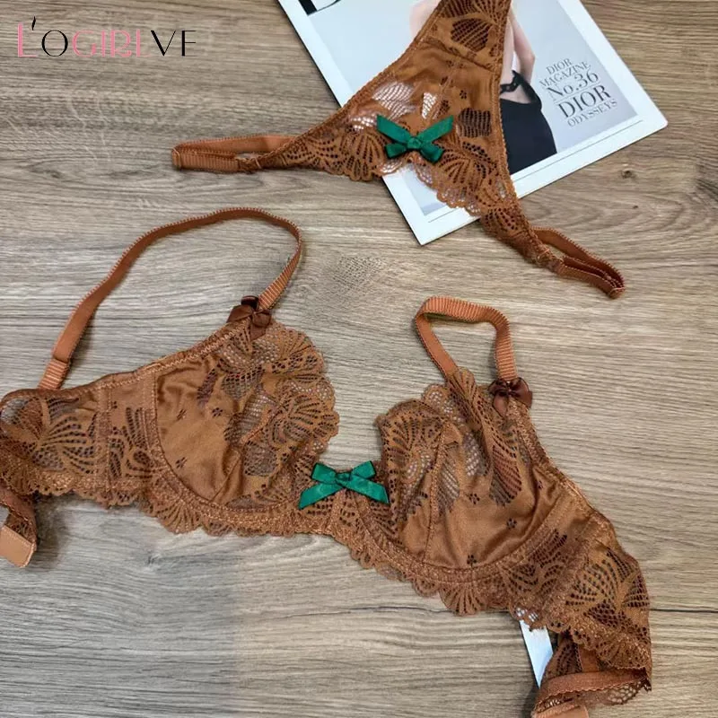 

Logirlve French Sexy Women Underwear Set Ultra Thin Lace Embroidery Bra Set Comfort Breathable Brassiere and T-back Lingerie Set