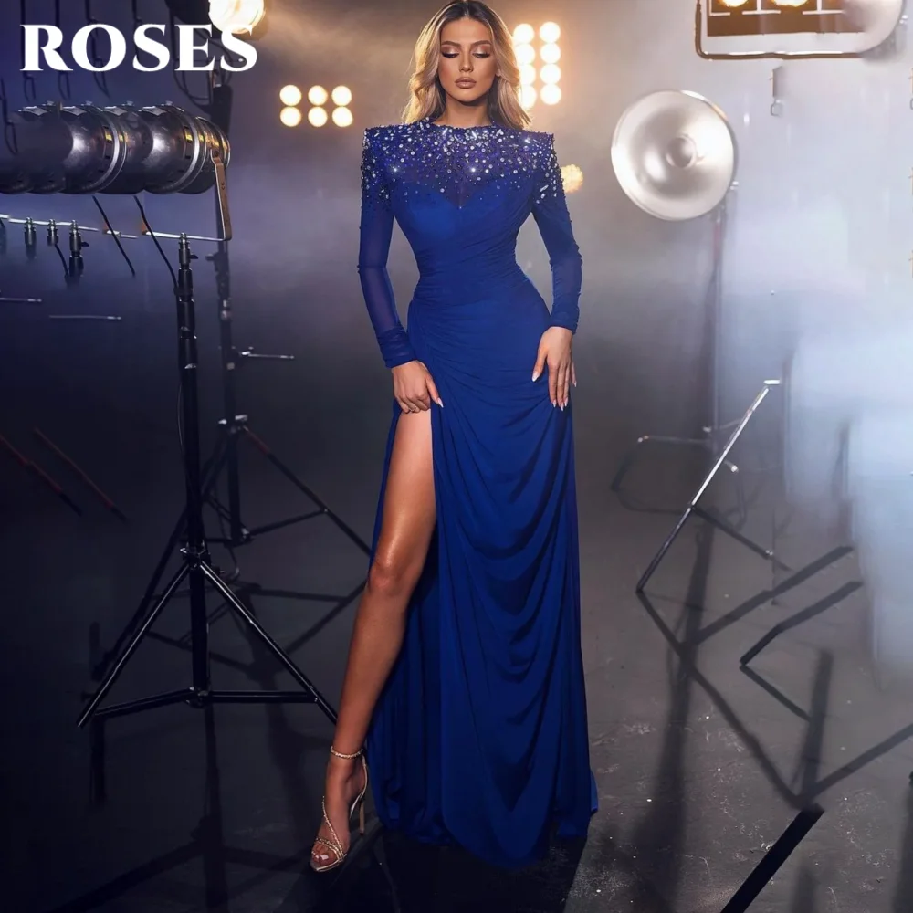 Robe de bal à manches régulières bleu marine ROSES, robe de soirée en Satin trompette fendue à paillettes, personnalisée