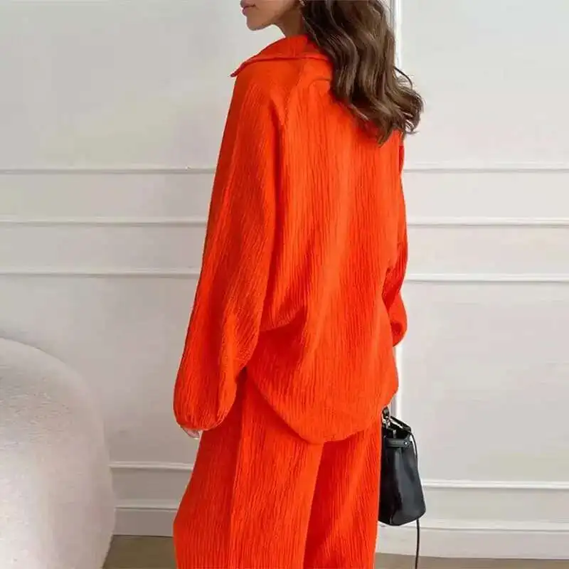 

Летний костюм поло 2025, женский свободный топ с длинными рукавами, комплект широких брюк на шнуровке