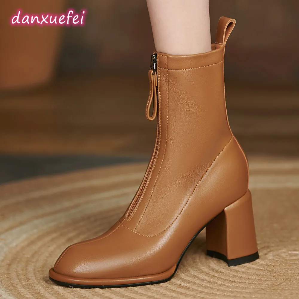 

danxuefei plus size 34-42 women's genuine leather 7cm thick high heel autumn ankle boots round toe front zip elegant short boots