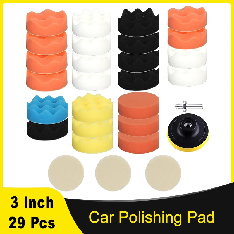 

3-дюймовый 75-миллиметровый набор автомобильных полировальных подушечек из пенопласта, 29 предметов, с шерстяной подушечкой и резьбовой подкладкой M10, адаптер для полировки автомобиля, вощения