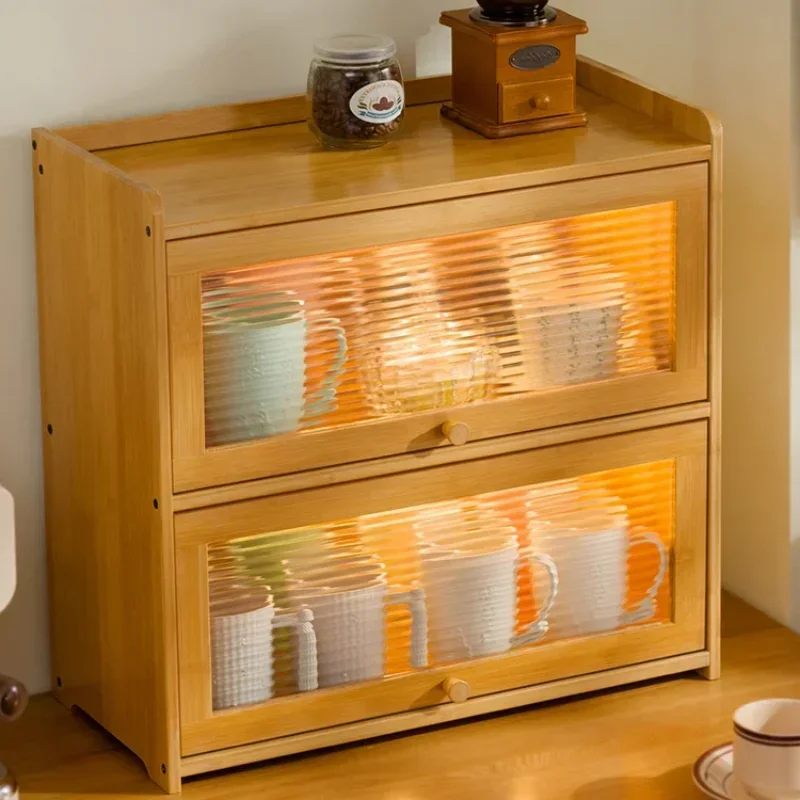 Natural Bamboo Storage Cabinets Dustproof Acrylic Doors Cup Holder Tea Set Display Kitchen Organizer Dining Room