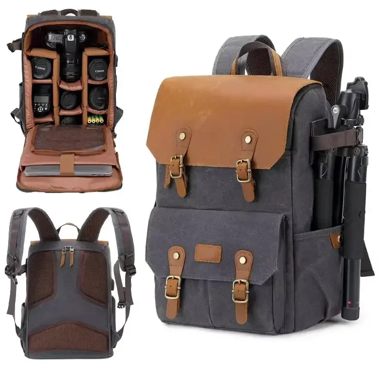 Professional Waterproof Waxed Canvas DSLR Camera Backpack USB Charging Por Large High-End Camera Bag Backpack SLR Drone Backpack