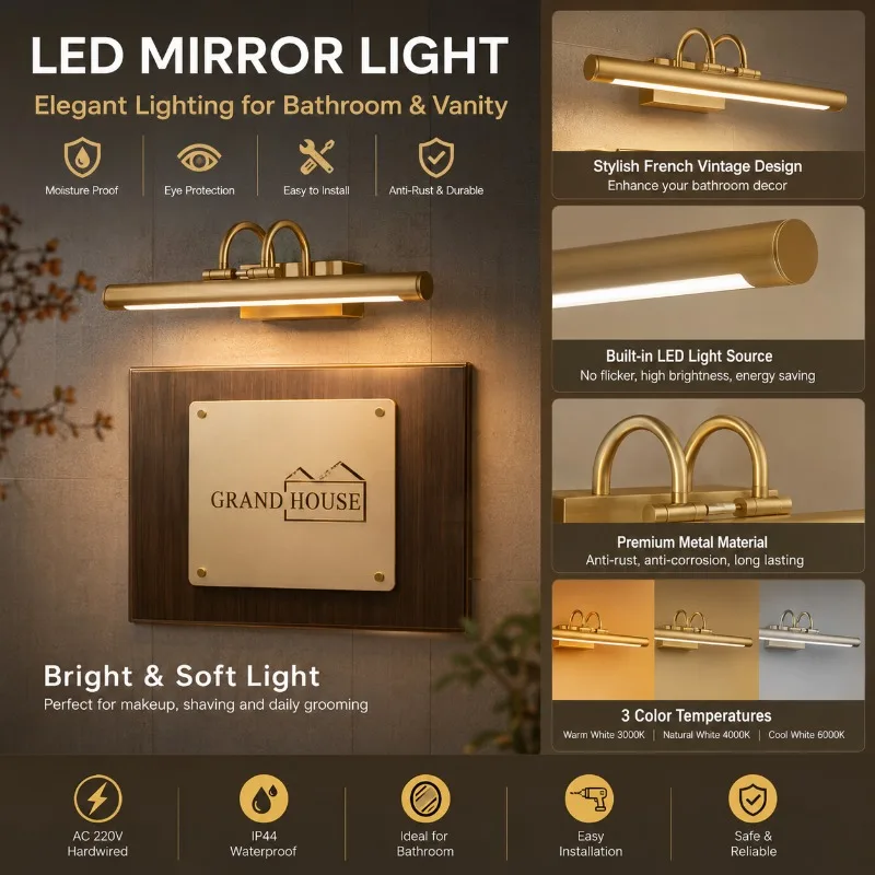 Vintage LED Picture Light Brass Wall Mounted Mirror Lamp for Bathroom Vanity Gallery Artwork Bedroom Home Decor Picture Light