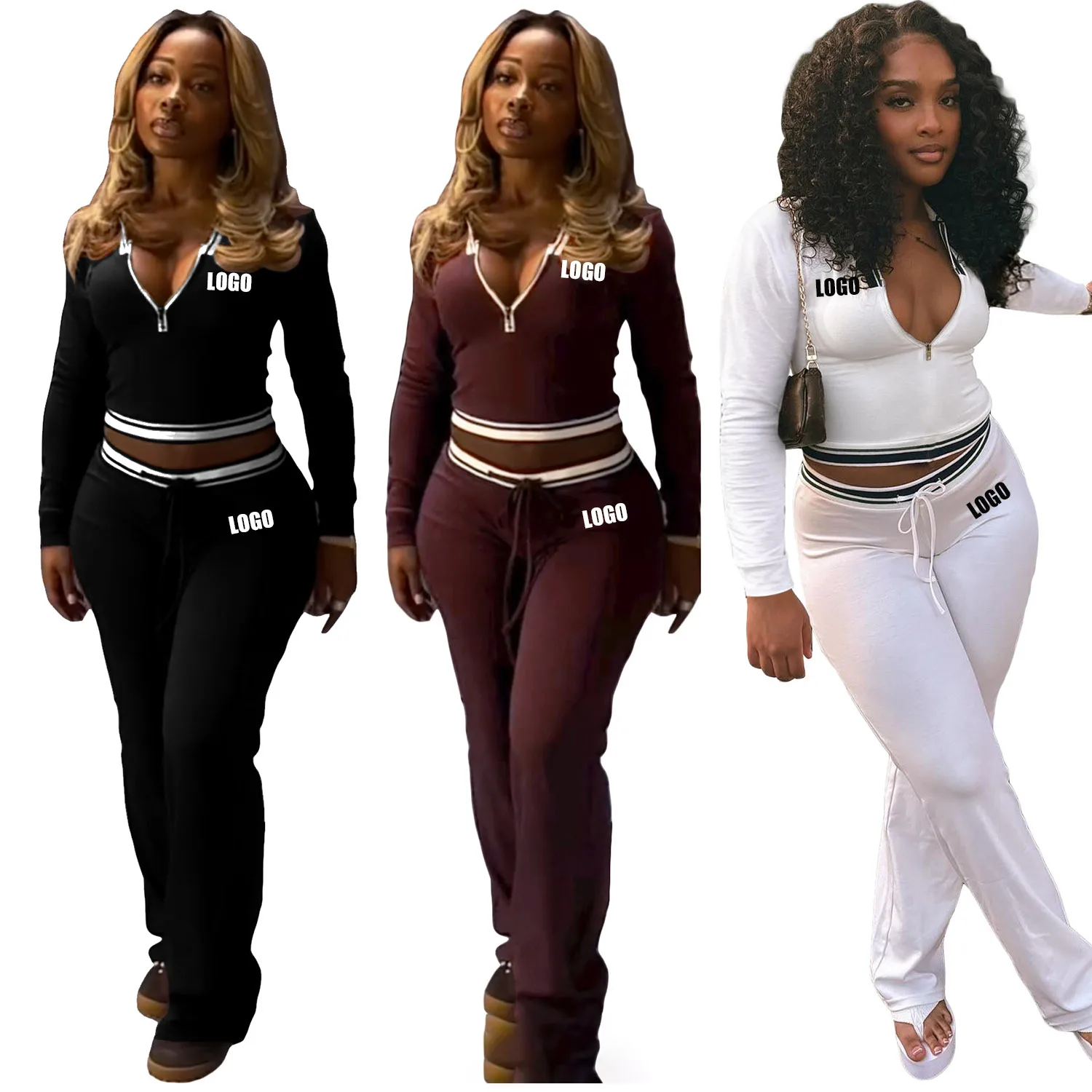 

Custom LOGO European American fashion women's clothing lapel half zipper drawstring wide-leg pants casual sports two-piece set