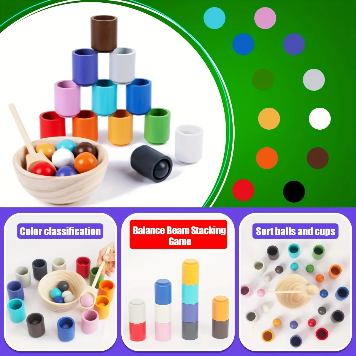 木製分類おもちゃ、レインボーボールとカップの色分類ゲーム、細かい運動能力、学習教育玩具、子供向けギフト、就学前