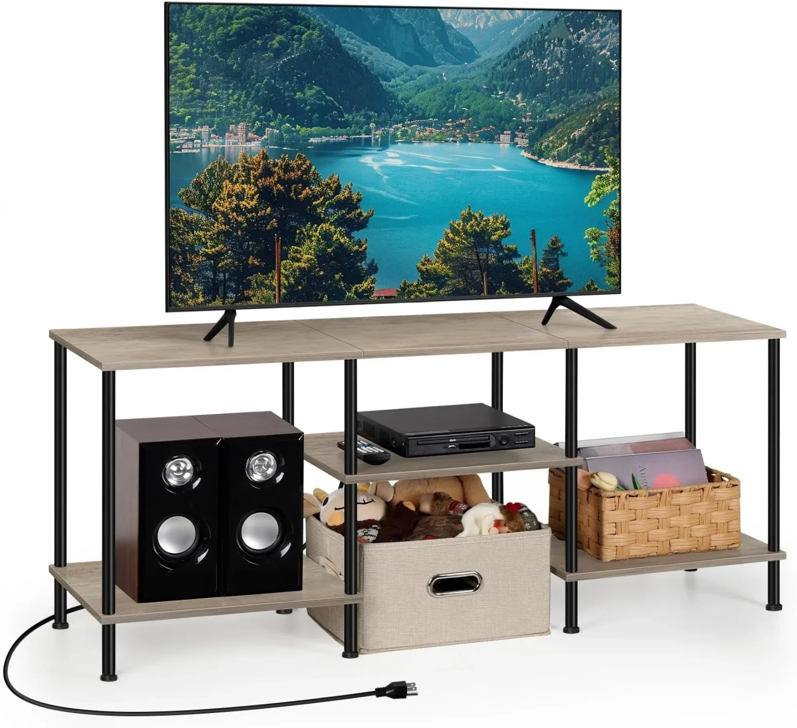 

50-дюймовая подставка для телевизора Farmhouse со встроенными розетками и 3-уровневым хранилищем — многокомнатная медиаконсоль для телевизоров 50/43/40/32 дюйма, рустикально-серый