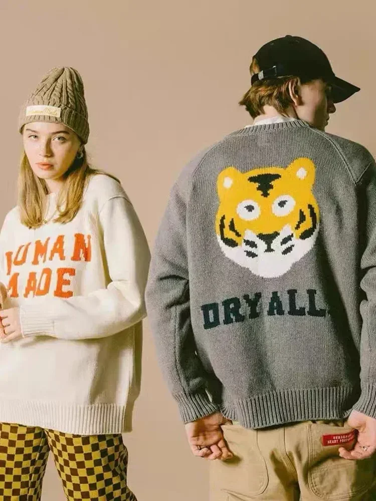 HUMAN MADE Graphic Sweater Tiger Crew Neck 100% Cotton Intarsia Knit Unisex Loose