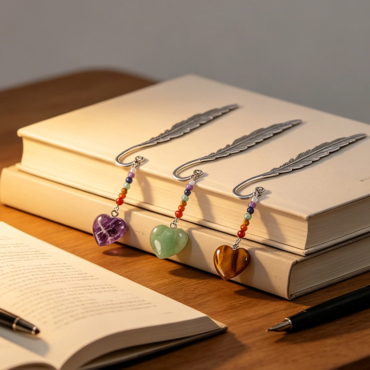 Natural Chakra Feather Bookmark, Vintage Silver Metal Page Marker with Heart Gemstone Pendant, Reading Book Gift for Book Lovers