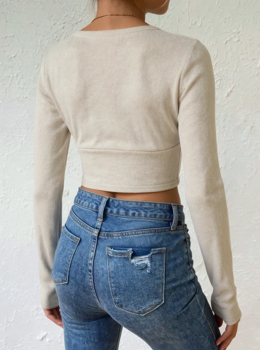 Women's Long Sleeve Top for Daily Casual Club Outfit Spring-Autumn V‑Neck Wrap Knit Crop Tops Basic Knitted Blouse Sweater XXL view 6