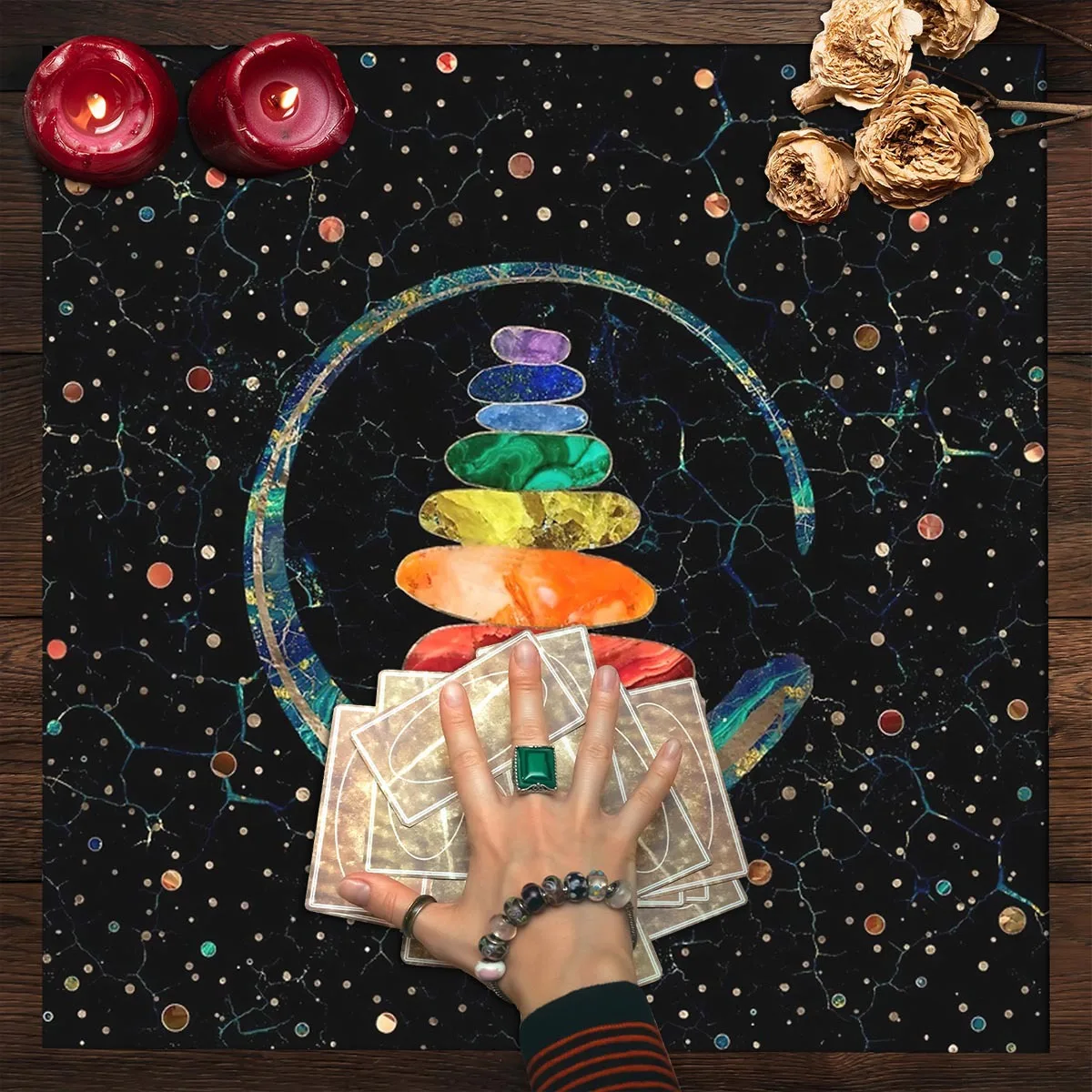 Nappe de Tarot en Cristal Chakra 50/75/110/137cm, Grille d'Énergie Spirituelle, Housse de Table de Divination, Décoration d'Intérieur Sorcière pour Lecture de Tarot