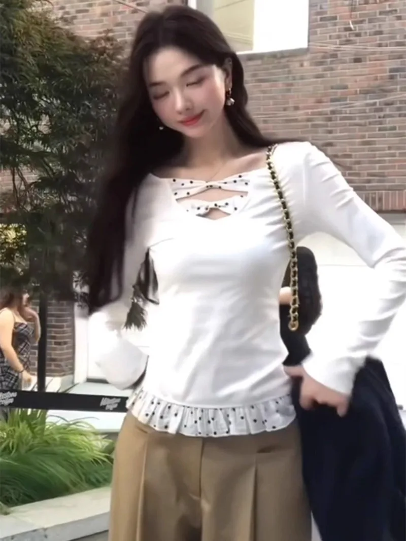 

Женская кружевная лоскутная футболка в горошек с длинными рукавами, осенний облегающий универсальный укороченный топ, милые эстетические футболки Y2k