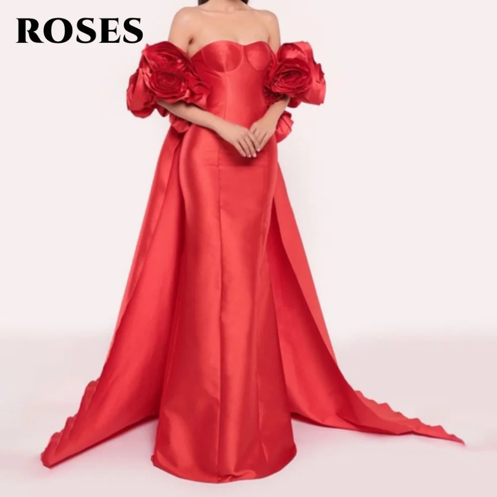 

ROSES Red Satin Evening Gown Off the Shoulder Prom Dresses Ruched Wedding Evening Dress with Flowers robes de soirée Customized