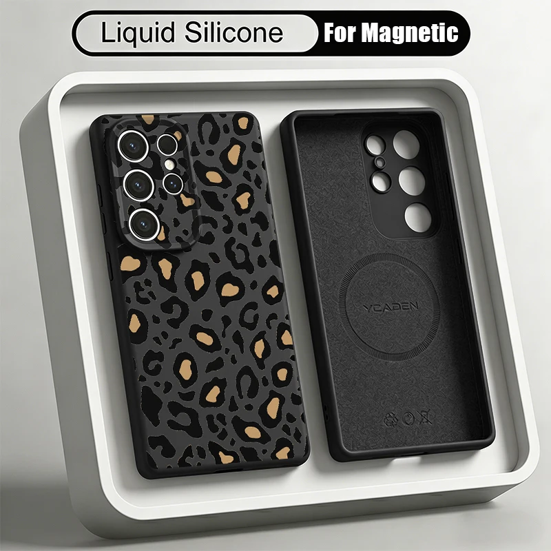 Silicone Magnetic Phone Case For Samsung Galaxy S26 S25 S24 Ultra Plus S23 S22 Ultra For Magsafe Leopard Striped Patterned Cover