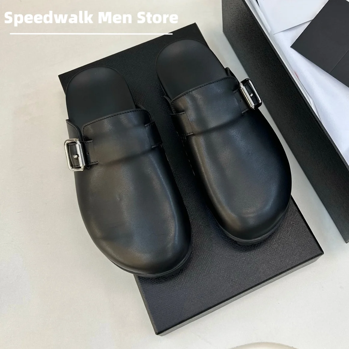 Men Genuine Leather Suede Mule Clogs Adjustable Metal Buckle Lug Sole Slip On Slides Summer Casual Walking Shoes Multi Colors
