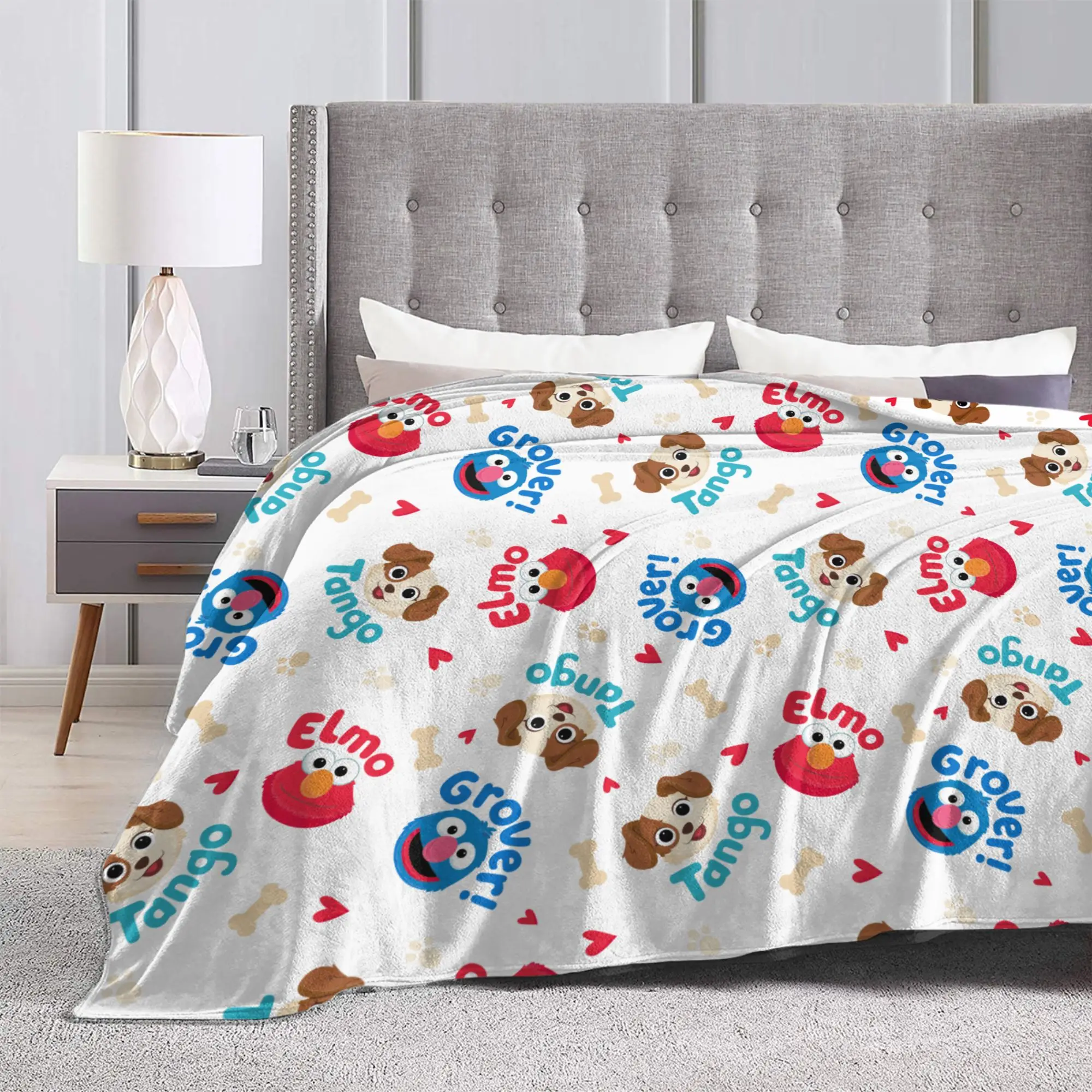 Sesame Street Tango Elmo & Grover Pattern Knitted Blanket Fleece  Warm Throw Blanket for Bed Bed Rug