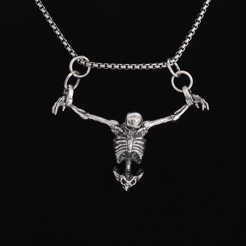Mens Gothic Vintage Silver Plated Captivity Skull Pendant Necklace Trendy Quirky Halloween Jewelry Biker Rock Party Gift for Men