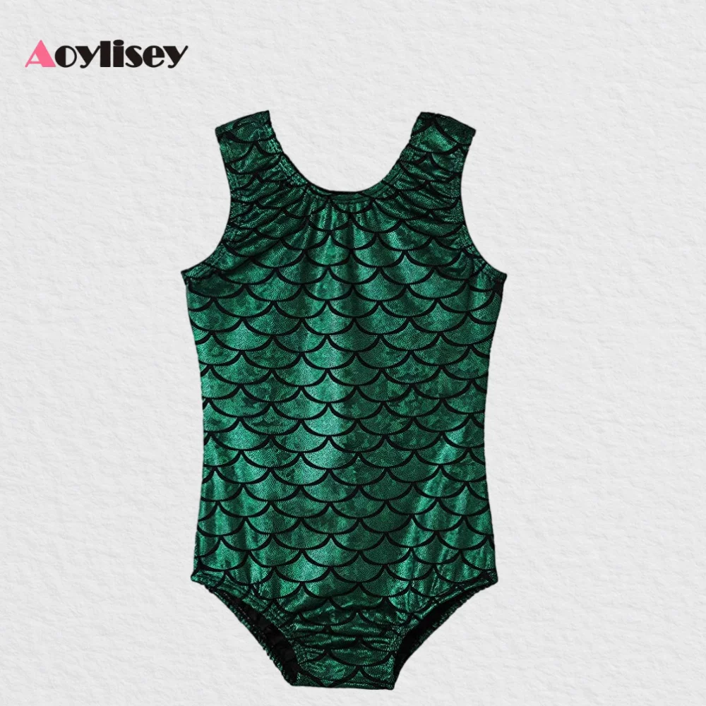 여아 물고기 비늘 프린트 발레 댄스 레오타드 어린이 스판덱스 반짝이는 메탈릭 체조복 댄스웨어 공연 의상